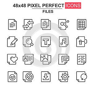 Files thin line icon set. Document lock, edit, delete, processing, search, preferences, media content unique icons