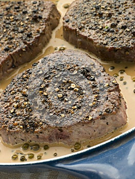 Filet Mignon au Poirve' in a saut pan