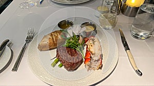 Filet Mignon and Lobster dinner at a restaurant on a cruise ship