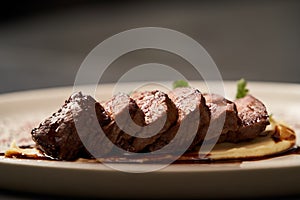 Filet mignon with mashed potatoes and pomegranate sauce, close-up