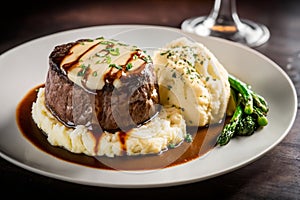 Filet Mignon Steak with a Side of Creamy Mashed Potatoes. AI