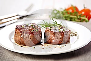 filet mignon on a white plate with sprig of thyme