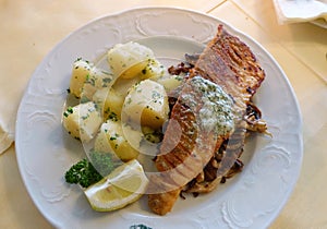 Filet of pike-perch with parsley, potatoes, fried mushrooms, garlic-herb butter
