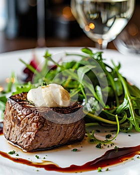 Filet Tenderloin alongside arugula salad with white sauce cream on top, fancy Italian restaurant blurry background