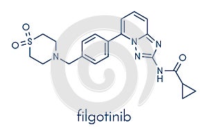 Filgotinib anti-inflammatory drug molecule. Janus kinase 1 inhibitor used in treatment of rheumatoid arthritis and Crohn`s diseas