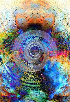 Filigrane floral ornament with mandala shape on cosmic backgrond, computer collage.