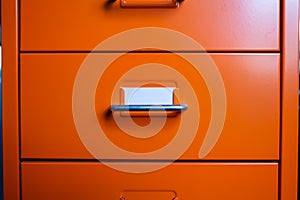 Filing cabinet with closed drawer, A white card for write letter, Orange metal colour, Administration and storage concept, closeup