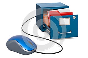 Filing cabinet with computer mouse. Online search in archive concept. 3D rendering