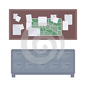 Filing cabinet and cork board semi flat color vector objects