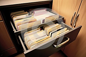 a filing cabinet filled with various business documents in different folders and files