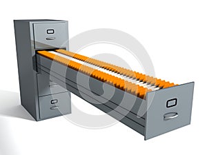 Filing cabinet with many file folders on white