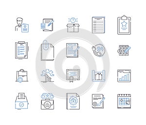 Filing organization line icons collection. Categorization, Alphabetization, Indexing, Archiving, Storing, Sorting