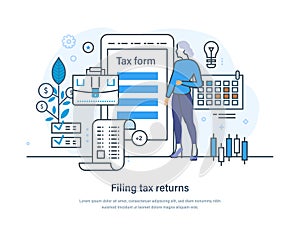 Filing tax returns financial document form web banner. Businesswoman filing tax return to declare income and maintain financial