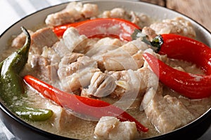 Filipino Bicol Express from spiced pork in coconut milk close-up. horizontal