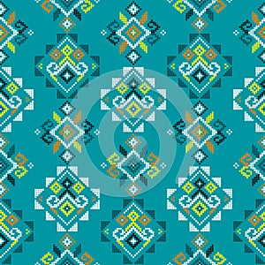 Filipino folk art Yakan waving cloth inspired vector seamless textile pattern on turquoise green design from Philippines