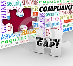 Fill the Compliance Gap Puzzle Wall Hole Follow Rules Laws Regulations