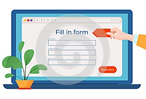 Fill in form online, vector illustration, flat computer with web survey list, worker hand hold red card near laptop