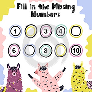 Fill in the missing numbers activity game for kids