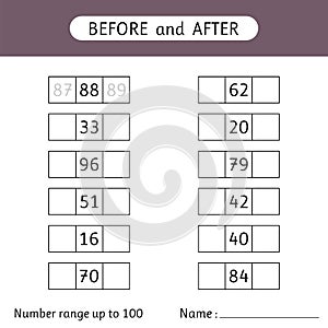 Fill in the missing numbers. Before and after. Number range up to 100. Mathematic. Worksheets for kids. School