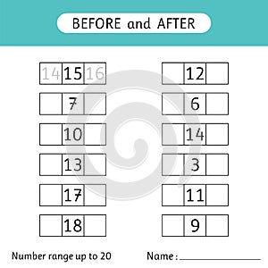 Fill in the missing numbers. Before and after. Number range up to 20. Mathematic. Worksheet for kids photo