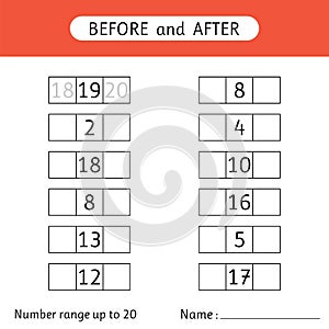 Fill in the missing numbers. Before and after. Number range up to 20. Mathematic. Worksheets for kids photo