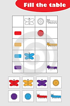 Fill the table with colorful spring pictures for children, fun education game for kids, preschool worksheet activity, task for the