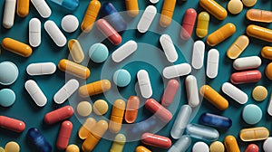 Fill the view of different coloured pills and capsules. Medical care concept. Generative AI