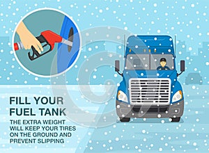 Fill your fuel tank, to prevent slipping on snowy road. Front view of a blue truck on snowy road.