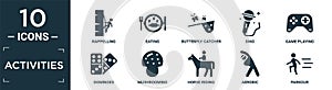 filled activities icon set. contain flat rappelling, eating, butterfly catcher, sing, game playing, dominoes, mushrooming, horse