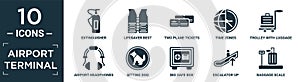 filled airport terminal icon set. contain flat extinguisher, lifesaver best, two plane tickets, time zones, trolley with luggage,