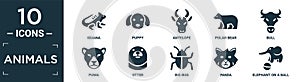filled animals icon set. contain flat iguana, puppy, antelope, polar bear, bull, puma, otter, big bug, panda, elephant on a ball
