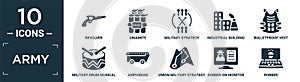 filled army icon set. contain flat revolver, dinamite, military strategy graphic, industrial building, bulletproof vest, military