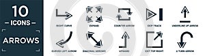 filled arrows icon set. contain flat right curve, expand, counter arrow, skip track, underline up arrow, curved left arrow,