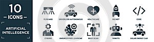 filled artificial intellegence icon set. contain flat flyboard, driverless autonomous car, healthcare, rocket, code, cyborg,