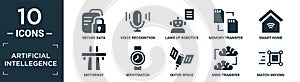 filled artificial intellegence icon set. contain flat secure data, voice recognition, laws of robotics, memory transfer, smart