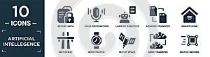 filled artificial intellegence icon set. contain flat secure data, voice recognition, laws of robotics, memory transfer, smart photo
