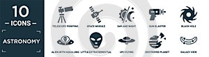 filled astronomy icon set. contain flat telescope pointing up, space module, day and night, gun blaster, black hole, alien with