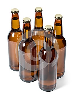 Filled brown beer bottles isolated on white background 3D