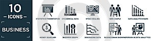 filled business icon set. contain flat statistics presentation, cylindrical data graphic, stock dealing, men couple, data
