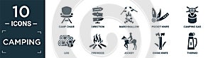 filled camping icon set. contain flat camp chair, direction, marshmallow, pocket knife, camping gas, log, firewood, jockey, swiss