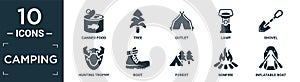 filled camping icon set. contain flat canned food, tree, outlet, lamp, shovel, hunting trophy, boot, forest, bonfire, inflatable