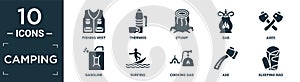 filled camping icon set. contain flat fishing vest, thermos, stump, gas, axes, gasoline, surfing, cooking gas, axe, sleeping bag