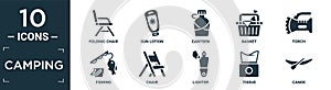filled camping icon set. contain flat folding chair, sun lotion, canteen, basket, torch, fishing, chair, lighter, tissue, canoe