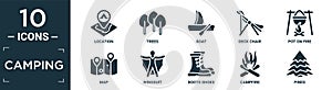 filled camping icon set. contain flat location, trees, boat, deck chair, pot on fire, map, wingsuit, boots shoes, campfire, pines