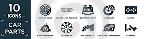 filled car parts icon set. contain flat car fuel gauge, car grille or radiator grille, car parcel shelf, brake, fan, carburettor,