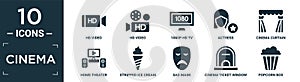 filled cinema icon set. contain flat hd video, hd video, 1080p hd tv, actress, cinema curtain, home theater, stripped ice cream