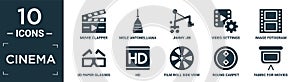 filled cinema icon set. contain flat movie clapper, mole antonelliana in turin, jimmy jib, video settings, image fotogram, 3d