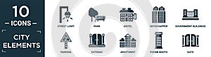 filled city elements icon set. contain flat street light, park, motel, skyscrapper, government buildings, parking, gateway, photo