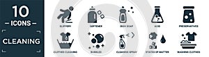 filled cleaning icon set. contain flat slippery, softener, dish soap, acid, preservatives, clothes cleaning, bubbles, cleaning
