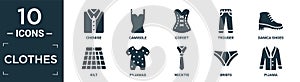 filled clothes icon set. contain flat chemise, camisole, corset, trouser, danica shoes, kilt, pyjamas, necktie, briefs, pijama photo